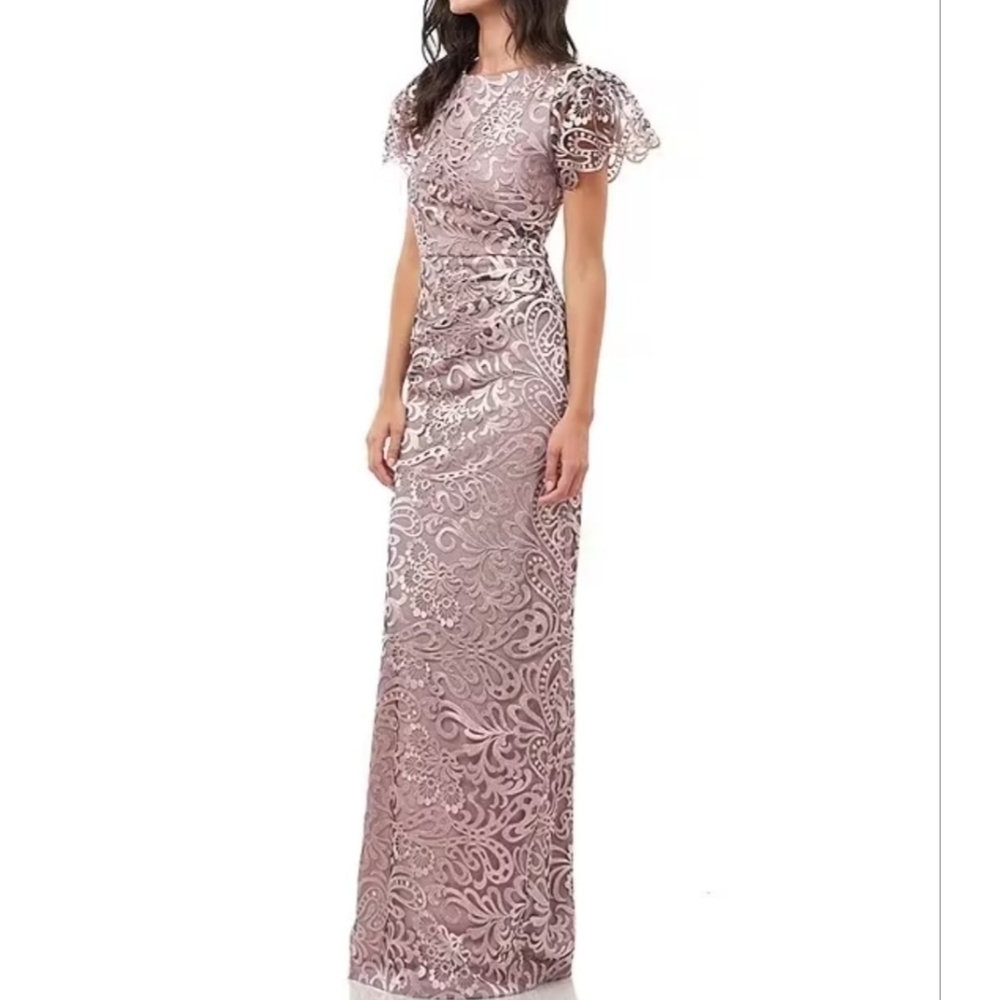 JS Collections Embroidered Gown Boat Neck Flutter Sleeve Size 10